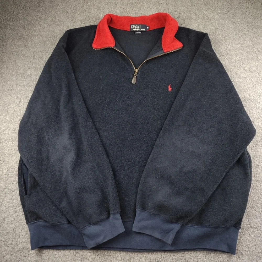 VTG 90s Polo Ralph Lauren Mens XL Fleece Quarter Zip Pullover Blue Red Collar
